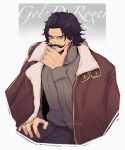  1boy black_eyes black_hair brown_coat character_name coat coat_on_shoulders facial_hair gol_d._roger grey_sweater grin hand_on_own_chin hand_on_own_thigh lapels male_focus mustache notched_lapels one_piece short_hair smile solo sweater turtleneck turtleneck_sweater two-sided_coat two-sided_fabric upper_body vamos_mk white_background 
