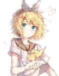  1girl black_sailor_collar blonde_hair commentary deep_(deep4946) hair_ornament heart highres kagamine_rin looking_at_viewer midriff_peek neckerchief sailor_collar shirt short_hair short_sleeves simple_background solo vocaloid white_background white_shirt yellow_neckerchief 