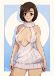  1girl absurdres areola_slip artist_logo asymmetrical_bangs bare_shoulders breasts brown_eyes brown_hair cleavage_cutout clothing_cutout colored_shadow commission covered_nipples cowboy_shot drop_shadow harasaki_nozomi highres large_breasts looking_at_viewer meme_attire ribbed_sweater second-party_source shadow shenmue short_hair smile solo sweater thatpersonaguy thighs turtleneck turtleneck_sweater two-tone_background virgin_killer_sweater white_sweater 