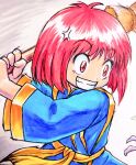  angry batting_stance blue_robe broom cotton_(character) cotton_(game) crazy_grin fairy heika_(heikahp) looking_at_another motion_lines red_eyes red_hair robe silk_(cotton) simple_background standing teeth upper_body white_background wide-eyed 