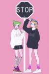  2girls arm_up baseball_cap black_hoodie black_skirt blonde_hair blue_eyes candy cone_hair_bun double_bun fishnet_socks fishnets food fukuhara_ann full_body green_hair hair_bun hand_in_pocket hand_on_headwear hand_up hat holding holding_candy holding_food holding_lollipop hood hood_down hoodie lollipop long_sleeves looking_at_viewer morizono_wakana multiple_girls nail_polish nyaasechan open_mouth pink_background pretty_rhythm pretty_rhythm_rainbow_live pretty_series purple_eyes road_sign shoes short_hair sign skirt sleeves_past_fingers sleeves_past_wrists smile sneakers socks standing stop_sign white_footwear white_hoodie 