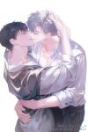  2boys black_pants brown_hair closed_eyes collarbone collared_shirt cowboy_shot hand_on_another&#039;s_head highres hug ilay_riegrow jeong_taeui male_focus multiple_boys pants passion_(manhwa) shirt simple_background teeth twitter_username white_background white_hair white_shirt whiteislife_4 yaoi 