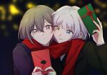  2girls bang_dream! bang_dream!_it&#039;s_mygo!!!!! black_coat blue_eyes blurry blurry_background box cheek-to-cheek christmas closed_mouth coat commentary english_commentary gift gift_box grey_hair heads_together heterochromia highres holding holding_gift holding_letter jacha_gam kaname_raana letter light_particles multiple_girls outdoors parted_lips purple_coat red_eyes red_scarf scarf shared_clothes shared_scarf short_hair smile sweatdrop takamatsu_tomori upper_body white_hair yellow_eyes 