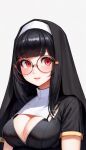  1girl ai-generated black_hair blunt_bangs breasts cleavage habit large_breasts light_smile long_hair looking_at_viewer non-web_source nun parted_lips red_eyes round_eyewear short_sleeves simple_background solo stable_diffusion upper_body white_background 