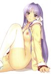  blush breasts clannad fujibayashi_kyou highres hikarizaka_private_high_school_uniform legs long_hair long_legs looking_at_viewer masturbation medium_breasts open_clothes open_mouth open_shirt panties panties_around_one_leg purple_eyes purple_hair pussy school_uniform shirt simple_background sitting solo tanaka_takayuki thighhighs thighs uncensored underwear white_background white_panties 