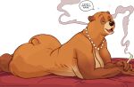 anthro bear bed big_breasts big_butt breasts brown_body butt drugs ear_markings eye_markings female furniture furronika gem gloves_(marking) green_eyes jewelry leg_markings mammal marijuana marijuana_in_hand markings muscular muscular_female necklace pearl_(gem) pearl_necklace short_tail smoke solo tail third-party_edit ursine ursula_(furronika)