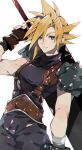  1boy armor baggy_pants blonde_hair blue_eyes brown_gloves buster_sword closed_eyes cloud_strife commentary_request cowboy_shot final_fantasy final_fantasy_vii fingerless_gloves gloves hair_between_eyes hand_up highres kawasaki_(kwsk_8765) looking_at_viewer male_focus pants ribbed_sweater shoulder_armor single_bare_shoulder sleeveless sleeveless_turtleneck solo spiked_hair suspenders sweater sword sword_on_back turtleneck turtleneck_sweater weapon weapon_on_back 