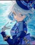  1girl ascot blue_ascot blue_brooch blue_gemstone blue_hair blue_hat blue_jacket closed_mouth colored_inner_hair from_above furina_(genshin_impact) gem genshin_impact gloves hand_up hat heterochromia highres jacket kodona light_blue_hair lolita_fashion looking_at_viewer mismatched_pupils multicolored_hair smile solo sushi_gnsn top_hat upper_body water white_gloves 