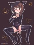  animal_ear_fluff animal_ears artist_name ass_visible_through_thighs bat_(animal) black_background black_leotard black_thighhighs blush breasts bright_pupils brown_hair cat_ears cat_tail collarbone commentary costume covered_navel curled_fingers dated embarrassed full_body ghost halloween halloween_costume hand_up highleg highleg_leotard highres holding_own_tail jack-o&#039;-lantern kemonomimi_mode kono_subarashii_sekai_ni_shukufuku_wo! leotard long_sleeves megumin mixed-language_commentary nose_blush orenji_(wholesomeorenji) outline raised_eyebrows red_eyes shiny_clothes short_hair short_hair_with_long_locks sidelocks sitting skull small_breasts spread_legs surprised tail tail_wrap thighhighs white_outline 