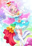 1girl animal_ears arm_up armpits blush collarbone commentary_request cure_parfait dress earrings food food-themed_hair_ornament fruit gloves hair_ornament hanzou headband highres jewelry kirakira_precure_a_la_mode kiwi_(fruit) lemon long_hair looking_at_viewer multicolored_eyes necklace one_eye_closed open_mouth orange_(fruit) parfait pearl_earrings pearl_necklace pink_hair ponytail precure solo sparkling_eyes tail v white_gloves white_wings wings 