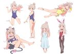  1girl ahoge animal_ears animal_hands ass barefoot bow bowtie cat_ears cat_lingerie cat_paws cat_tail colored_inner_hair commentary dress fake_animal_ears flat_chest hair_between_eyes highres meme_attire mono79390757 multicolored_hair off_shoulder one-piece_swimsuit onii-chan_wa_oshimai! open_mouth oyama_mahiro pantyhose playboy_bunny rabbit_ears red_bow red_bowtie school_swimsuit smile solo sundress swimsuit tail two-tone_hair white_background wrist_cuffs yellow_swimsuit 