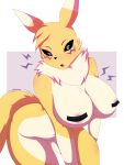 absurd_res anthro aquakey areola bandai_namco big_breasts black_sclera blue_eyes blush bodily_fluids breasts butt canid canine digimon digimon_(species) digital_media_(artwork) female fur hair hi_res mammal nude open_mouth pink_areola renamon simple_background solo tail thick_thighs white_body white_fur yellow_body yellow_fur
