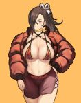  1girl artist_name bikini bikini_top_only blush breasts brown_eyes brown_hair cleavage closed_mouth collarbone commentary criss-cross_halter fire_emblem fire_emblem_fates hair_over_one_eye halterneck hand_on_own_hip jacket kagero_(fire_emblem) large_breasts lips long_hair long_sleeves looking_at_viewer meziosaur midriff navel open_clothes open_jacket orange_background ponytail simple_background skirt solo stomach swimsuit thighs 