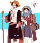  2boys abs bag belt black_coat black_hair black_shorts blue_shorts bracelet cane coat commentary_request cropped_legs hat holding holding_cane jewelry log_pose long_sleeves looking_ahead male_focus monkey_d._luffy multiple_boys one_piece orange_belt orange_hat portgas_d._ace red_coat red_shorts shorts shoulder_bag straw_hat sun sweatdrop tongue tongue_out yu_si02 