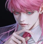  1boy aqua_eyes cheezeyoon3 close-up collared_shirt cropped ear_piercing expressionless eyelashes hand_on_own_chin jacket looking_at_viewer male_focus necktie piercing pink_hair pink_necktie purple_suit sanzu_haruchiyo scar scar_on_face shirt simple_background suit tokyo_revengers upper_body vest white_shirt wolf_cut 