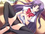  black_panties breasts censored feet footjob game_cg highres long_hair lyrical_ds lyrical_lyric medium_breasts mikeou mosaic_censoring one_eye_closed panties penis purple_eyes purple_hair skirt skirt_lift smirk solo_focus takami_rin thighhighs twintails underwear very_long_hair 