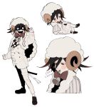  1boy :t arm_belt bell belt belt_buckle black_footwear black_hair black_scarf blush_stickers bow bowtie brown_eyes brown_hair buckle buttons cape checkered_clothes checkered_scarf chibi colored_tips commentary cropped_torso crossed_legs danganronpa_(series) danganronpa_v3:_killing_harmony denim double-breasted eating english_commentary evil_smile fluffy full_body fur-trimmed_cape fur_trim grey_cape hair_between_eyes hand_on_own_knee highres horns jacket jeans layered_sleeves long_sleeves lovepoints male_focus mouth_hold multicolored_buttons multicolored_hair multiple_belts multiple_views neck_bell oma_kokichi open_belt open_mouth outstretched_hand pants red_bow red_bowtie scarf shaded_face sheep_hat sheep_horns shoes short_hair simple_background sitting sleeves_past_wrists smile smirk socks stalk_in_mouth teeth thigh_belt thigh_strap torn_clothes torn_jeans torn_pants two-tone_scarf upper_teeth_only vertical-striped_cape white_background white_belt white_hat white_jacket white_pants white_scarf white_socks wide-eyed yellow_horns 