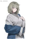  1girl absurdres blue_coat blunt_bangs breasts brown_eyes closed_mouth coat coat_partially_removed dungeon_meshi falin_touden grey_hair hand_on_own_chest highres i_monos large_breasts light_blush long_sleeves looking_at_viewer medium_hair shirt sleeves_past_fingers sleeves_past_wrists smile solo twitter_username upper_body white_background white_shirt 