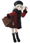  1girl bag blush boots charm_(object) coat commentary_request fang full_body fur-trimmed_coat fur_hat fur_trim gloves green_eyes green_hair hat heart highres holding holding_letter io_(io_oekaki) letter looking_at_viewer open_mouth original papakha red_coat red_gloves short_hair shoulder_bag simple_background smile solo white_background 