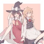  2girls apron ascot black_vest blonde_hair bow bowtie braid brown_eyes brown_hair chest_sarashi commentary detached_sleeves frilled_bow frilled_hair_tubes frills hair_bow hair_tubes hakurei_reimu hat hat_bow hitte5416 kirisame_marisa long_hair long_sleeves multiple_girls no_headwear open_mouth red_bow red_bowtie red_skirt ribbon-trimmed_sleeves ribbon_trim sarashi side_braid single_braid sitting skirt skirt_set smile touhou vest waist_apron white_apron witch_hat yellow_ascot yellow_eyes 