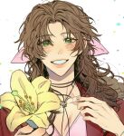  1girl aerith_gainsborough blush braid braided_ponytail breasts choker cleavage collarbone dress final_fantasy final_fantasy_vii final_fantasy_vii_rebirth final_fantasy_vii_remake flower flower_choker green_eyes hair_ribbon hand_on_own_chest highres holding holding_flower jacket lily_(flower) long_hair looking_at_viewer medium_breasts moyanwxy parted_bangs parted_lips pink_dress pink_ribbon red_jacket ribbon sidelocks single_braid smile solo teeth upper_body wavy_hair white_background yellow_flower 