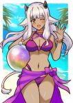  1girl alternate_costume animal_ears ash_(fire_emblem) ass_visible_through_thighs ball bare_shoulders beachball bikini black_horns cow_ears cow_girl cow_horns cow_tail dark-skinned_female dark_skin fire_emblem fire_emblem_heroes highres horns orb purple_bikini rotomdocs solo swimsuit tail 