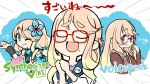  3girls :d arm_warmers bare_shoulders blonde_hair blue_eyes blue_hair blue_sweater blush_stickers brown_serafuku brown_shirt commentary_request emphasis_lines flower glasses gradient_hair gyari_(imagesdawn) hair_flower hair_ornament hair_rings hair_scrunchie happy haruno_sora highres long_hair looking_at_viewer mole mole_under_mouth multicolored_clothes multicolored_hair multicolored_sweater multiple_girls multiple_persona off-shoulder_sweater off_shoulder one_eye_closed open_mouth orange_scrunchie pink_sweater red-framed_eyewear school_uniform scrunchie serafuku shirt smile streaked_hair sweater swept_bangs synthesizer_v translation_request voicepeak voiceroid white_shirt white_sweater 