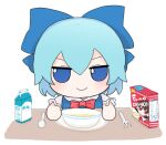  blue_bow blue_dress blue_eyes blue_hair bow bowl chest_bow chibi cirno dress food fork frown fumo_(doll) hair_bow highres light_blush looking_at_viewer milk_carton red_bow rei_(tonbo0430) smile spoon tagme touhou white_background 