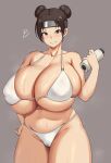  1girl armpit_crease bare_shoulders bikini blush breasts brown_eyes brown_hair cameltoe collarbone commentary covered_nipples cowboy_shot double_bun forehead_protector grey_background hair_bun halterneck hand_on_own_hip highres holding holding_scroll huge_breasts konohagakure_symbol looking_at_viewer naruto_(series) navel scroll signature simple_background skindentation smile solo standing sweat swimsuit symbol-only_commentary teeth tenten_(naruto) twitter_username undersized_clothes white_bikini yua_(argaoffroad) 