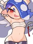  1girl arms_up blue_hair breasts cephalopod_eyes chest_sarashi earrings groin hair_over_one_eye jewelry lowleg lowleg_pants octoling open_mouth pants red_eyes sarashi shiver_(splatoon) small_breasts smile solo splatoon_(series) splatoon_3 suction_cups suiran_(suiran2822) tentacle_hair tooth_earrings upper_body 