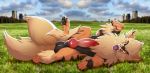  animal_genitalia animal_penis arcanine balls black_fur canine_penis coillte detailed_background erection fur grass knot lying male nintendo orange_fur paws penis pok&eacute;mon pok&eacute;mon_(species) sky smile solo stripes tongue video_games 