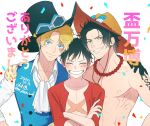  3boys ^_^ arm_tattoo ascot black_gloves black_hair blonde_hair blue_eyes closed_eyes commentary_request confetti crossed_arms dated freckles gloves goggles goggles_on_headwear hat jewelry male_focus monkey_d._luffy multiple_boys nakumonaga_uma necklace one_piece open_clothes open_shirt orange_hat pearl_necklace portgas_d._ace red_shirt sabo_(one_piece) scar scar_on_chest scar_on_face shirt short_hair simple_background smile tattoo top_hat topless_male translation_request twitter_username waistcoat white_ascot white_background 