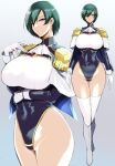  1girl black_leotard blue_eyes boots breasts character_request copyright_request earrings epaulettes full_body gloves green_hair highleg highleg_leotard highres jewelry kumakichi_(cost-lost) large_breasts leotard looking_at_viewer multiple_views thigh_boots underbust white_footwear white_gloves 