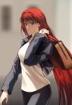  absurdres aozaki_aoko bag blurry blurry_background brown_bag closed_mouth commentary_request grey_pants highres holding holding_bag jacket kotomine_(a1569) long_hair long_sleeves looking_at_viewer melty_blood open_clothes open_jacket pants red_hair shirt tsukihime very_long_hair walking white_shirt 