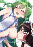  2girls armpit_crease aroused bare_shoulders black_hair blush breast_sucking breasts close-up closed_eyes collared_shirt commentary_request drooling frilled_hair_tubes frills frog_hair_ornament green_hair hair_between_eyes hair_ornament hair_tubes hakurei_reimu highres kochiya_sanae large_breasts long_hair looking_at_another looking_at_breasts mouth_drool multiple_girls nipples nose_blush one_breast_out open_clothes open_shirt red_eyes shirt sidelocks simple_background sleeveless sleeveless_shirt straight_hair sweatdrop tada_no_nasu touhou tsurime twitter_username upper_body very_long_hair white_background white_shirt yuri 