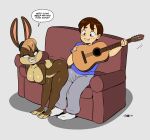 anthro biped blush bottomwear butt clothed clothing dialogue eyelashes female fur guitar hair hi_res holding_guitar holding_musical_instrument holding_object human joaoppereiraus lagomorph leporid looking_back male male/female mammal musical_instrument nude plucked_string_instrument pupils rabbit smile speech_bubble string_instrument text topwear