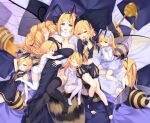  &gt;_&lt; 6+girls :d abdomen_tail antennae arm_behind_head arm_up arthropod_girl bare_shoulders bed_sheet bee_girl bee_wings black_dress black_gloves black_shirt black_shorts black_sleeves black_socks blonde_hair blue_shirt blue_skirt bow breasts brown_eyes closed_eyes closed_mouth commentary_request detached_sleeves dress drill_hair fangs flat_chest frilled_sleeves frills gloves honey honeypot huge_breasts long_hair long_sleeves medium_breasts multiple_girls navel no_shoes original pillow pointy_ears poppy_(poppykakaka) puffy_long_sleeves puffy_shorts puffy_sleeves purple_bow purple_eyes purple_scrunchie saliva scrunchie shirt short_shorts short_sleeves shorts skirt sleeveless sleeveless_dress sleeves_past_wrists smile socks soles stinger stirrup_legwear strapless strapless_dress toeless_legwear transparent_wings very_long_hair white_gloves white_shirt wide_sleeves wrist_scrunchie 
