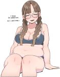  1girl arm_support bikini blunt_bangs blush braid breasts brown_hair cleavage closed_eyes collarbone commentary covered_nipples english_text facing_viewer feet_out_of_frame glasses grey_bikini head_tilt jimiko large_breasts long_hair navel ohasi open_mouth original plump simple_background sitting solo swimsuit symbol-only_commentary thick_thighs thighs twin_braids white_background 