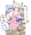  1girl anger_vein apron arknights blonde_hair blue_eyes blue_hair blue_horns blurry blurry_background border brown_hair chinese_commentary chinese_text commentary_request dragon_girl dragon_horns hair_intakes highres holding horns kemono_(fukanasumi) long_hair outside_border photo_background pink_apron shu_(arknights) sketch sleeves_pushed_up solo sound_effects standing sweater translation_request white_border white_horns white_sweater zzz 