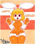anthro blonde_hair bodysuit breasts carrot_(one_piece) clothing dialogue female fur glistening glistening_body gloves hair handwear hi_res lagomorph latex latex_clothing legwear leporid looking_at_viewer luffy_(one_piece) mammal one-piece_swimsuit one_piece orange_clothing panties rabbit sillyniko simple_background skinsuit small_breasts smile solo swimwear thick_thighs thigh_highs tight_clothing underwear white_body white_fur wide_hips