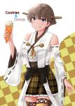  1girl alternate_color brown_hair checkered_background cowboy_shot detached_sleeves flipped_hair food headgear hiei_(kancolle) highres ice_cream jouzaburou_(joe3) kantai_collection nontraditional_miko plaid plaid_skirt purple_eyes ribbon-trimmed_sleeves ribbon_trim short_hair skirt solo thighhighs tongue tongue_out yellow_skirt 