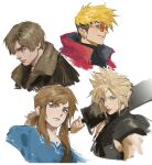  4boys absurdres armor black_shirt blonde_hair blue_eyes blue_tunic cloud_strife coat cropped_torso final_fantasy final_fantasy_vii final_fantasy_vii_rebirth final_fantasy_vii_remake fur-trimmed_jacket fur_trim glasses hair_between_eyes highres holding holding_sword holding_weapon i_monos jacket leather leather_jacket leon_s._kennedy link looking_at_viewer low_ponytail medium_hair multiple_boys over_shoulder parted_bangs portrait red_coat resident_evil resident_evil_4 resident_evil_4_(remake) shirt short_hair shoulder_armor sidelocks single_bare_shoulder single_shoulder_pad sketch sleeveless sleeveless_turtleneck smile spiked_hair swept_bangs sword the_legend_of_zelda the_legend_of_zelda:_breath_of_the_wild the_legend_of_zelda:_tears_of_the_kingdom trigun trigun_stampede turtleneck undercut vash_the_stampede weapon weapon_over_shoulder white_background 