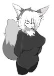  anthro black_and_white black_clothing breasts clothed clothing digital_media_(artwork) ena ena_(taracod) eyes_closed female fur grey_tail hair monochrome podo simple_background solo tail white_body white_hair 