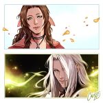  1boy 1girl aerith_gainsborough armor border braid braided_ponytail brown_hair calicotzc choker falling_petals final_fantasy final_fantasy_vii final_fantasy_vii_rebirth final_fantasy_vii_remake flower_choker green_eyes grey_hair hair_ribbon jacket long_bangs long_hair looking_at_viewer parted_bangs petals pink_ribbon red_jacket ribbon sephiroth shoulder_armor sidelocks signature single_braid upper_body wavy_hair white_border yellow_petals 