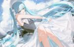  1girl absurdres aqua_eyes aqua_hair black_dress bow bowtie character_name cloud cloudy_sky commentary_request day dress hatsune_miku highres horizon long_hair long_skirt looking_at_viewer mysoda ocean open_mouth outdoors skirt sky solo strapless strapless_dress twintails very_long_hair vocaloid white_bow white_bowtie white_skirt 