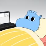 2016 angry anthro bed bedding black_eyes blanket blue_body computer electronics furniture grey_background laptop lonbluewolf lonbluewolf_(character) male moomin pillow simple_background solo the_moomins