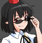  1girl adjusting_eyewear black_hair black_ribbon breasts closed_mouth collared_shirt commentary_request grey_background hat looking_at_viewer neck_ribbon pointy_ears puffy_short_sleeves puffy_sleeves red_eyes red_hat ribbon shameimaru_aya shirt short_hair short_sleeves simple_background small_breasts smile smirk solo sunglasses tokin_hat touhou white_shirt yakousei_no_kame 