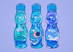  blue_background blue_theme bottle crescent_moon drink highres lily_pad meyoco moon no_humans original ramune simple_background water water_lily_flower waves 