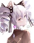  1girl absurdres black_bow bow bronya_zaychik commentary drill_hair earrings grey_eyes grey_hair hair_bow highres honkai_(series) honkai_impact_3rd jewelry looking_at_viewer medium_hair mimi_(mixnxart) portrait smile solo twin_drills twintails 
