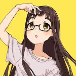  1girl :o arm_up brown_hair collarbone holding holding_hair long_hair looking_up original shirt short_sleeves solo straight_hair t-shirt tesa_otaku thick_eyebrows upper_body white_shirt yellow_background yellow_eyes 